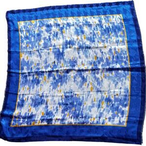 Avon ANEW Scarf silky polyester fringed edges blue gold white textured square